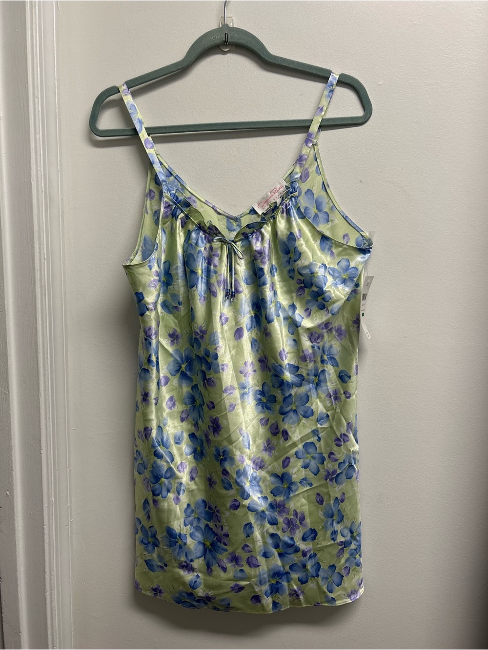 Floral Satin Camisole Chemise or Slip Dress Blue Floral on Light Green